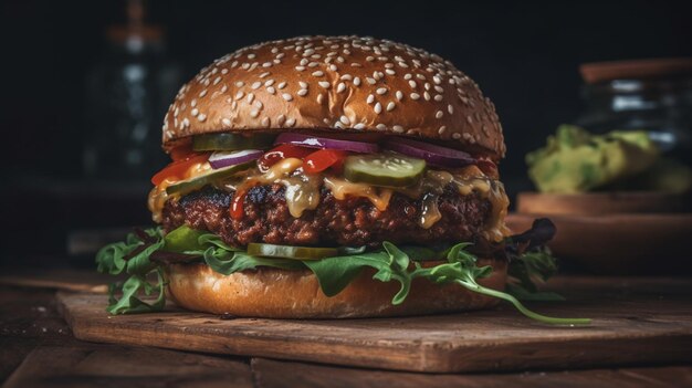 Deliciosa hamburguesa de carne en una tabla de madera con fondo negro