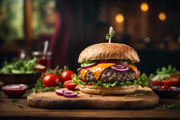 deliciosa hamburguesa de carne en la tabla de madera