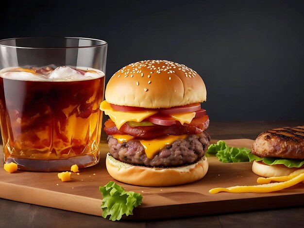 Foto una deliciosa hamburguesa de carne triple con queso amarillo picante servida con un vaso de whisky con hielo