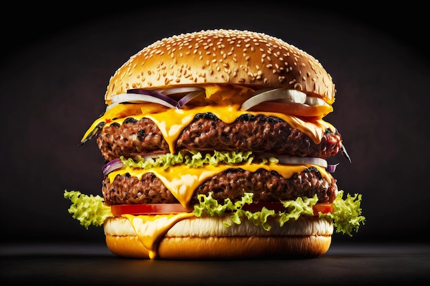 Deliciosa hamburguesa casera gruesa con dos chuletas y hojas de ensalada tierna