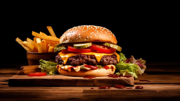 deliciosa hamburguesa casera con papas fritas y queso en una mesa de madera