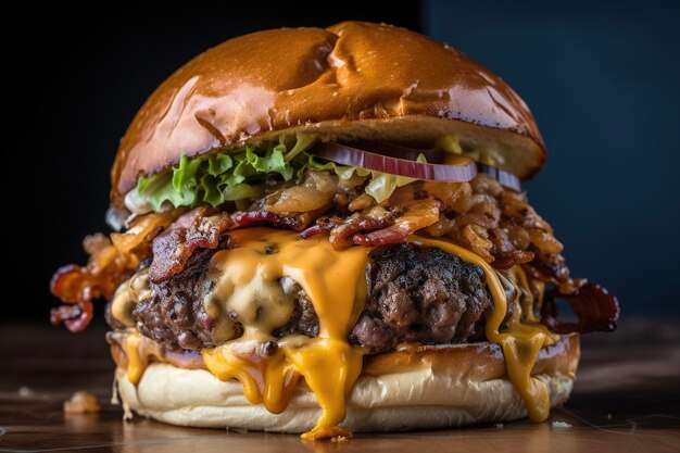 Deliciosa hamburguesa casera con queso derretido tocino cebollas caramelizadas y verduras