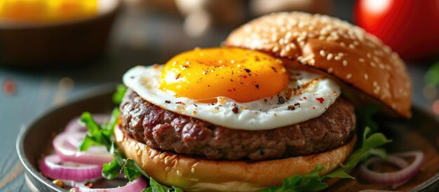 Foto deliciosa hamburguesa casera con queso y un huevo perfectamente cocido.