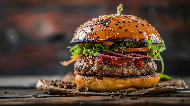 deliciosa hamburguesa casera utilizada para cortar carne de res en la mesa de madera generativo Ai