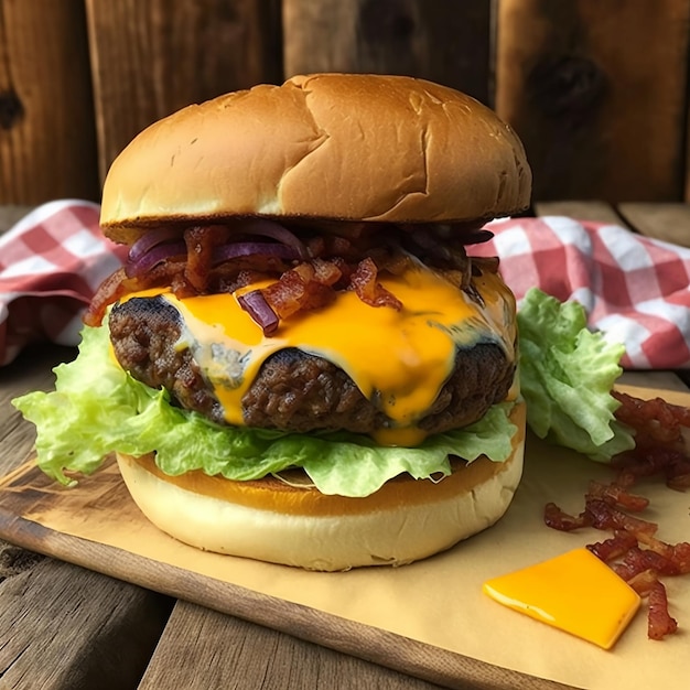 Foto deliciosa hamburguesa del chef con queso cheddar y carne de res, idea de emplatado fotográfico