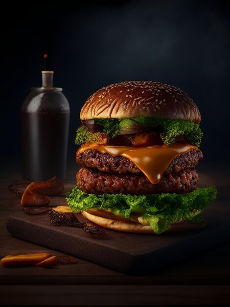 Deliciosa hamburguesa fotografía ultra detallada 8k hd fondo de cocina oscuro