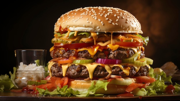 Una deliciosa hamburguesa gigante de carne con tocino cebollas repollo súper delicioso