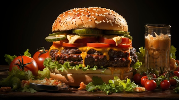 Una deliciosa hamburguesa gigante de carne con tocino cebollas repollo súper delicioso