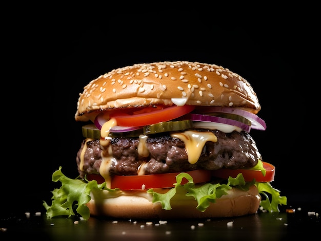 Foto deliciosa hamburguesa gourmet de fondo negro