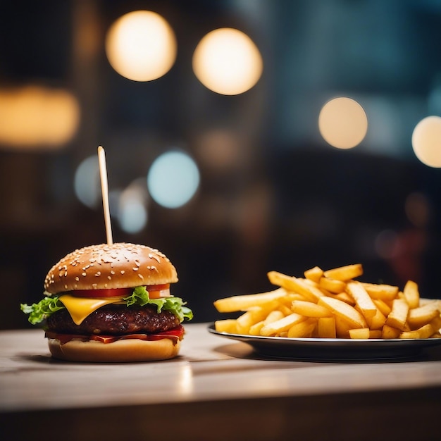 Deliciosa hamburguesa gourmet y papas fritas en una mesa de madera