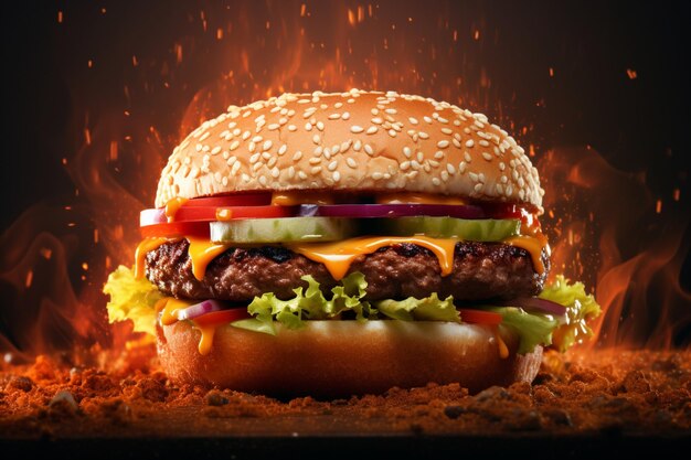 Deliciosa hamburguesa grande sobre un fondo oscuro Comida rápida Foto comercial promocional