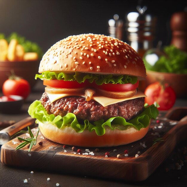 Foto una deliciosa hamburguesa con ingredientes frescos en una tabla de madera rodeada de condimentos y verduras