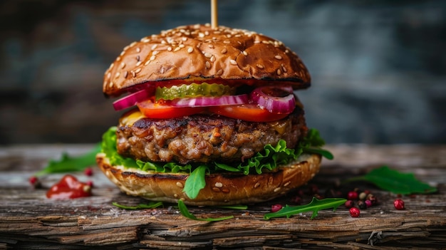 Deliciosa hamburguesa con lechuga, tomate, cebolla y pepinillo