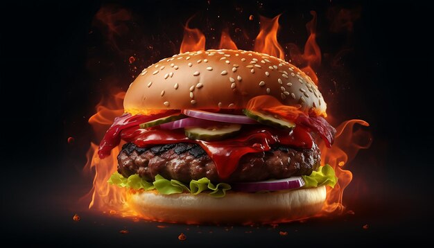 Deliciosa hamburguesa con llamas de fuego con fondo de textura