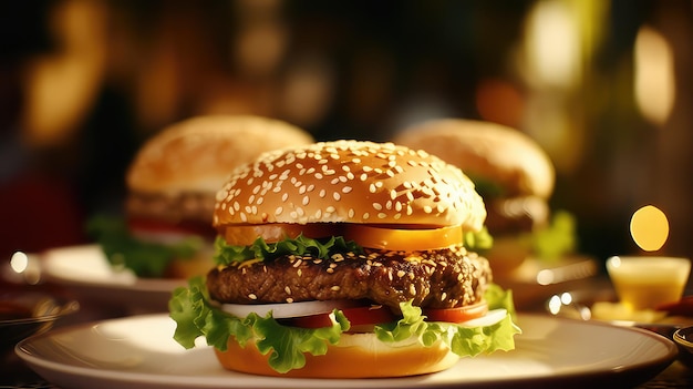 Deliciosa hamburguesa en mesa elegante fondo borroso