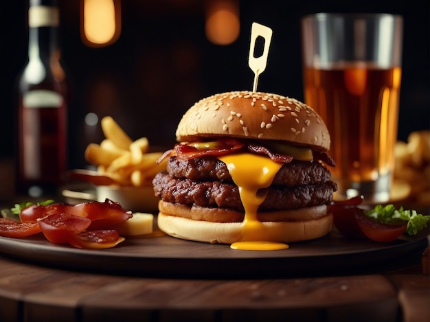 Deliciosa hamburguesa en la mesa Con fondo borroso