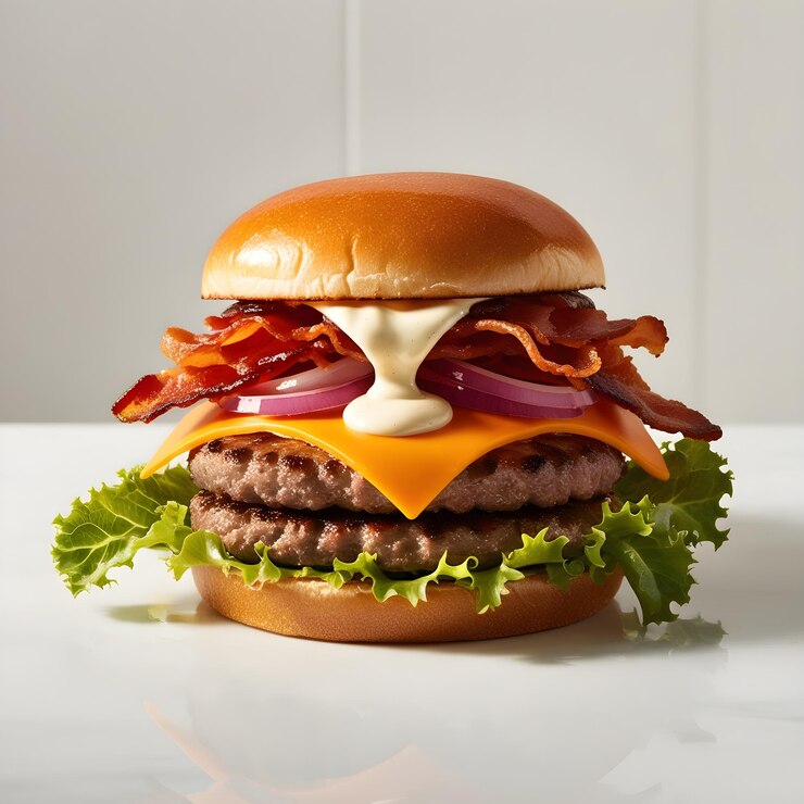 Deliciosa hamburguesa con muchos ingredientes aislados enTasty cheeseburger con salsa generativa AI