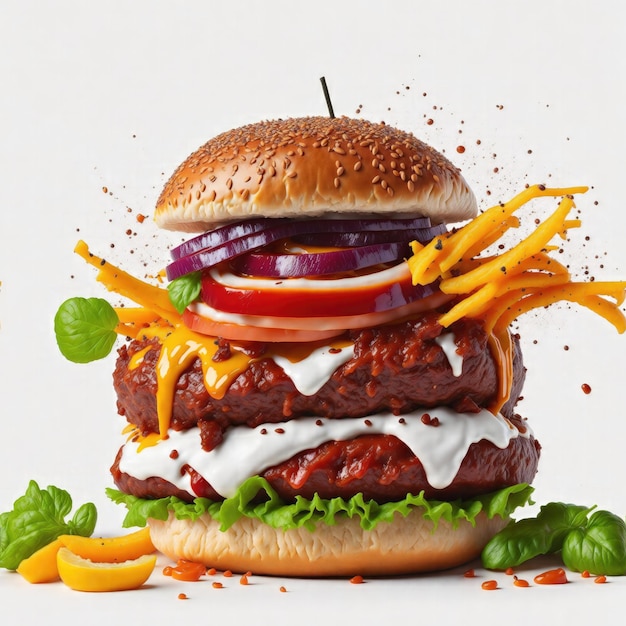 deliciosa hamburguesa con muchos ingredientes aislados en fondo blanco sabrosa salpicadura de cheeseburger