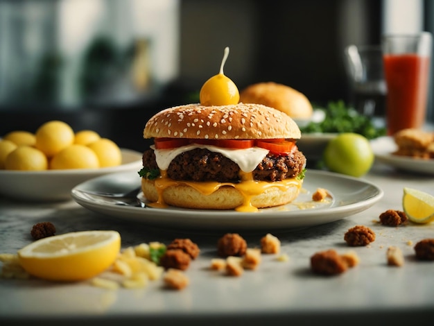 Foto deliciosa hamburguesa con muchos ingredientes aislados en fondo blanco sabrosa salsa de cheeseburger