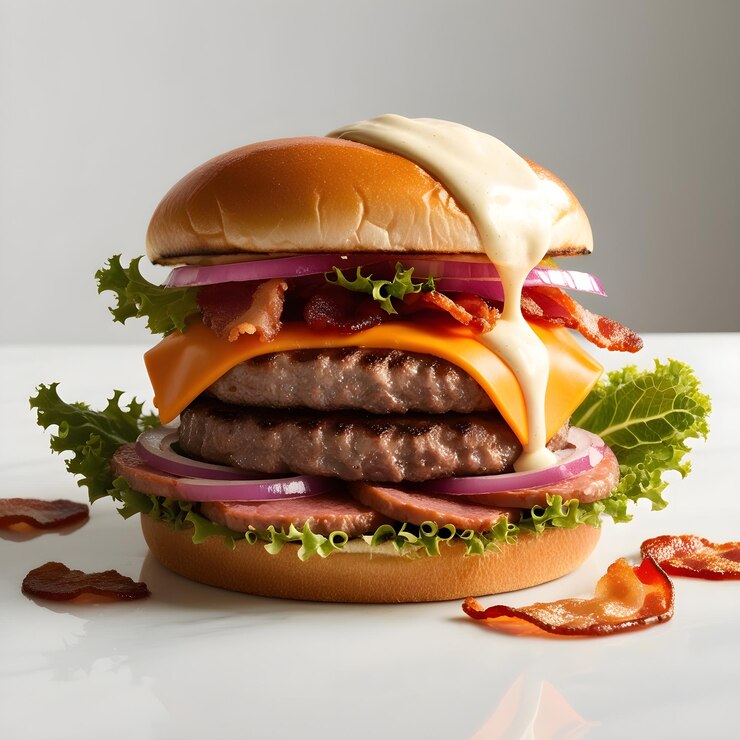 Deliciosa hamburguesa con muchos ingredientes aislados en fondo blanco Sabrosa salsa de cheeseburger