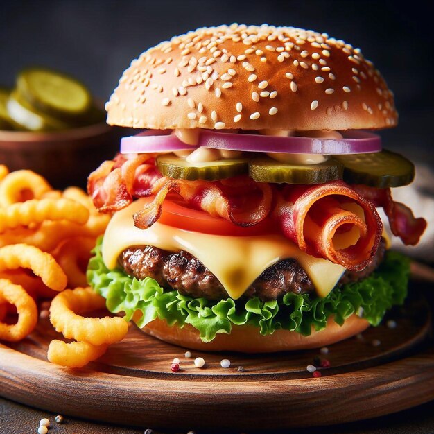 Foto deliciosa hamburguesa con pan, lechuga, tomate y guarnición