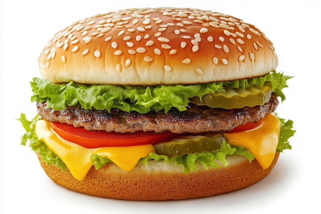 Una deliciosa hamburguesa con pan de semillas de sésamo, lechuga, queso de tomate y pepinillos