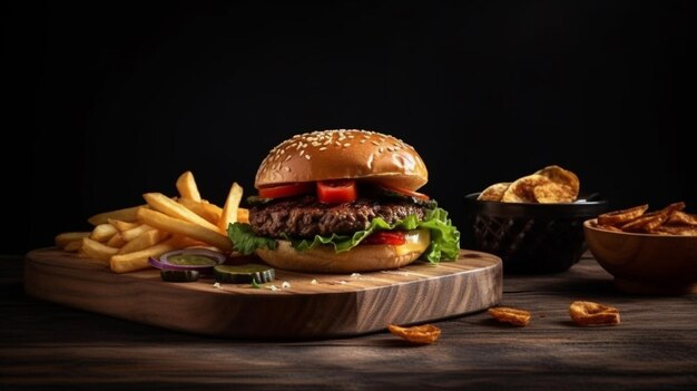 Deliciosa hamburguesa con papas fritas en tablero de madera sobre fondo negro generativo ai