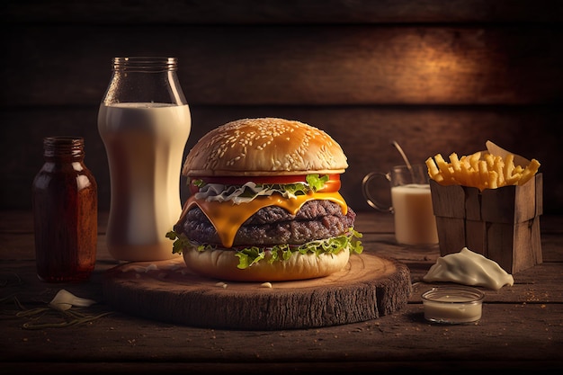 Deliciosa hamburguesa a la parrilla aislada con bebida fría y papas fritas