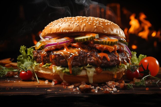 Deliciosa hamburguesa a la parrilla en un fondo oscuro