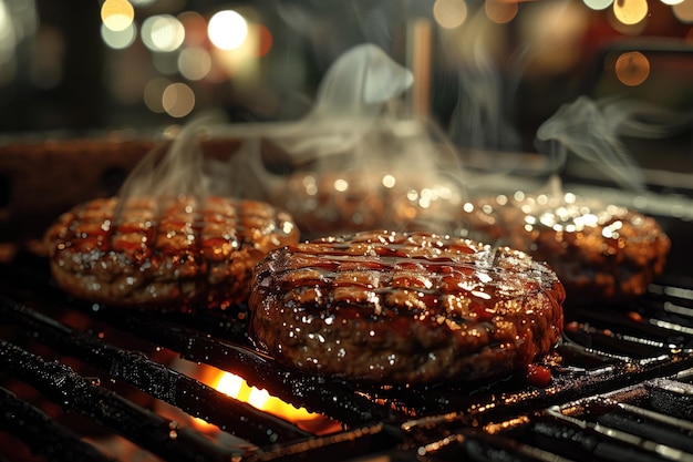 Deliciosa hamburguesa a la parrilla en un primer plano de la parrillas de barbacoa Espacio para el texto