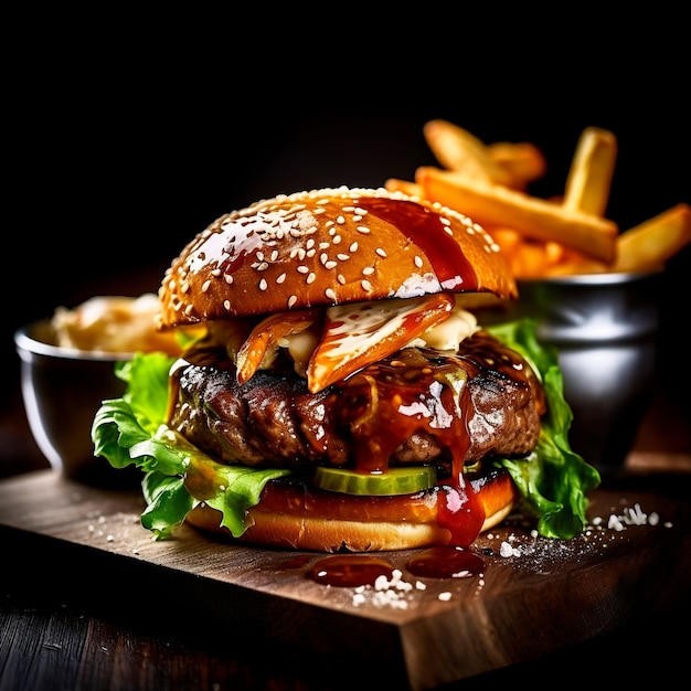 Deliciosa hamburguesa a la parrilla en tablón rústico