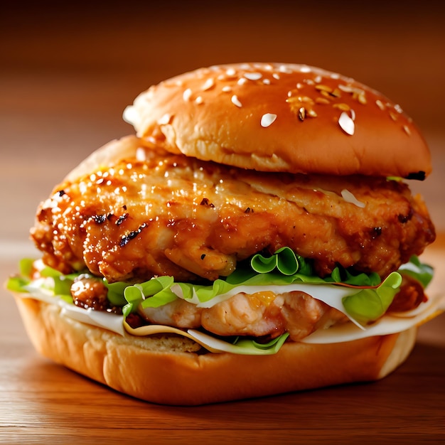 Foto deliciosa hamburguesa de pollo crujiente con queso