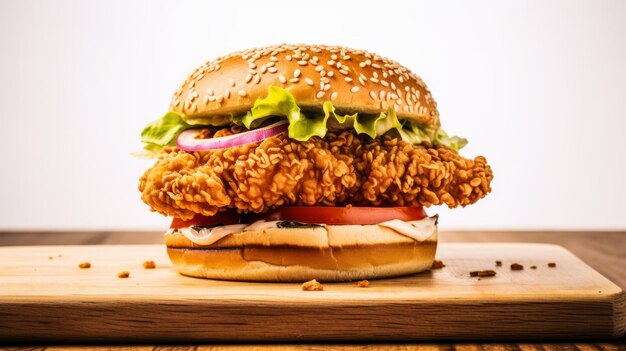 Deliciosa hamburguesa de pollo con pan crujiente en una tabla de madera