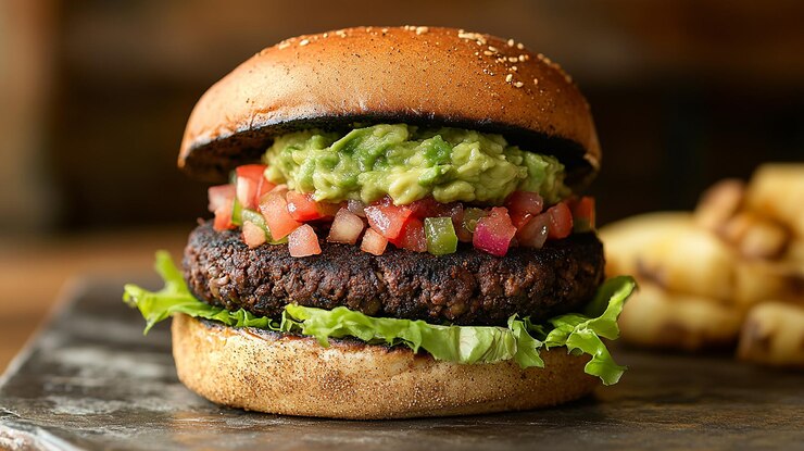 Deliciosa hamburguesa de pollo a la parrilla con verduras frescas salsa Tzatziki y aceitunas en una tabla de madera rústica