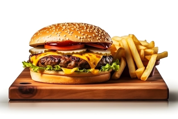 Foto deliciosa hamburguesa con queso casera jugosa con papas fritas al lado