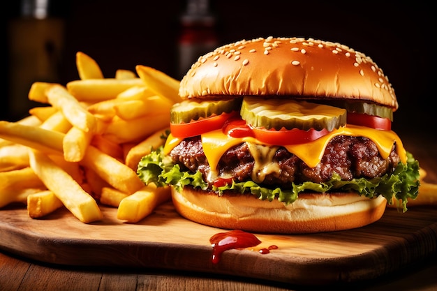 Deliciosa hamburguesa con queso casera jugosa con papas fritas al lado