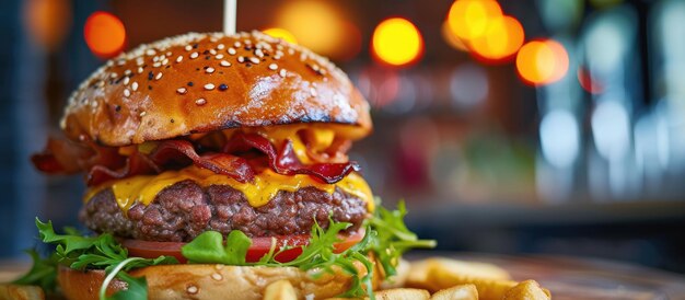 Deliciosa hamburguesa con queso con cheddar foto de bar de moda foto de menú tentadora