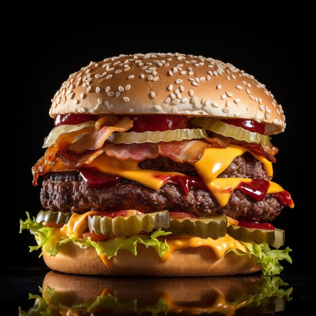 Deliciosa hamburguesa de queso doble sobre un fondo negro