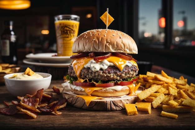 Foto deliciosa hamburguesa de queso y papas fritas con bebida refrescante