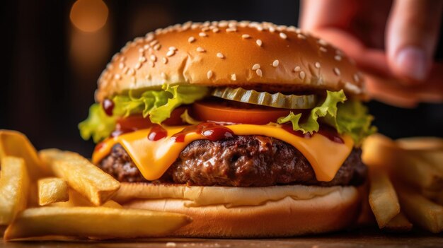 Deliciosa hamburguesa con queso con papas fritas comida rápida