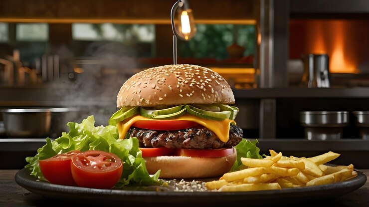 Deliciosa hamburguesa de queso con papas fritas e ingredientes frescos