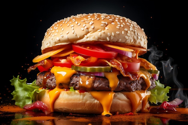 Deliciosa hamburguesa de queso a la parrilla con ensalada en el fondo del estudio