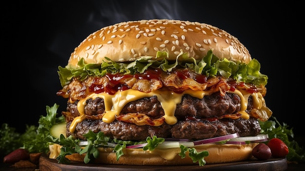 Deliciosa hamburguesa con queso rellena de carne de fondo blanco y semillas de sésamo.