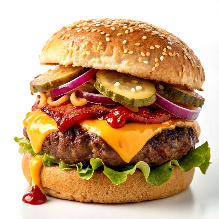 Deliciosa hamburguesa con queso con sésamo y ingredientes frescos
