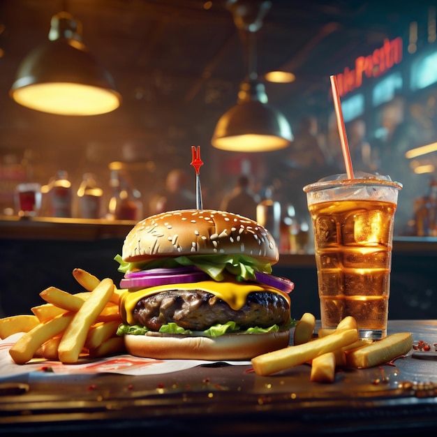 Deliciosa hamburguesa de queso con tocino y papas fritas obra maestra culinaria que combina los sabores salados de la carne de res