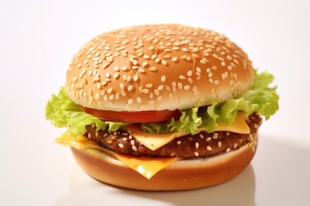 Deliciosa hamburguesa de queso con tomate de lechuga y pan de semillas de sésamo sobre fondo blanco