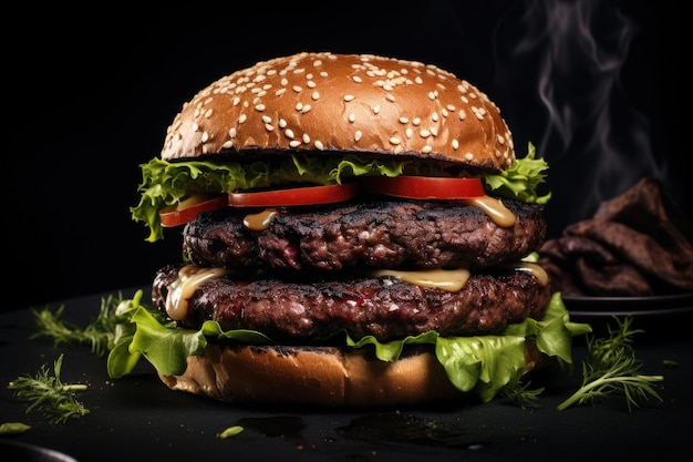 Deliciosa hamburguesa sobre un fondo oscuro Hamburguesa con chuleta frita Comida chatarra