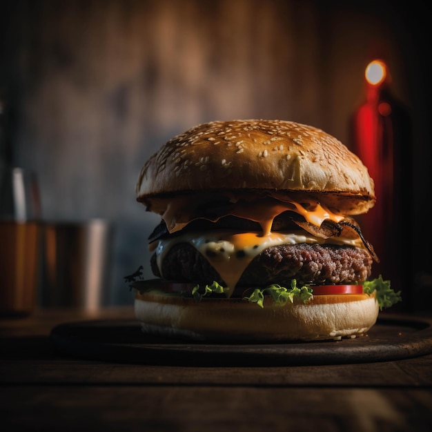 Deliciosa hamburguesa sobre fondo oscuro para post, foto profesional de una hamburguesa