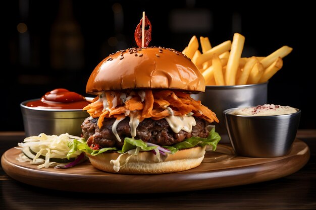 Foto deliciosa hamburguesa del sr. y la sra. con papas fritas y salsa.