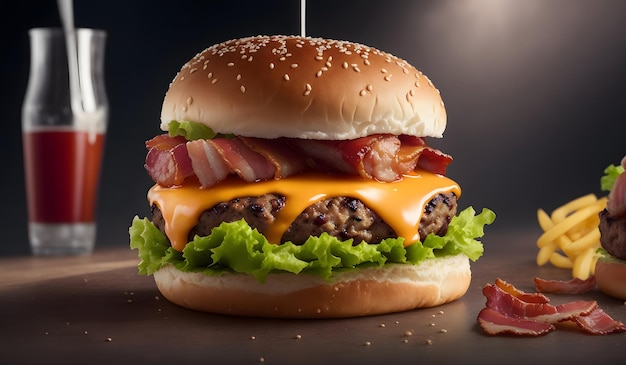Deliciosa hamburguesa de ternera con fondo de tocino IA generativa